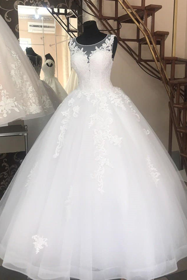 A-line Jewel Poofy Long White Wedding ...